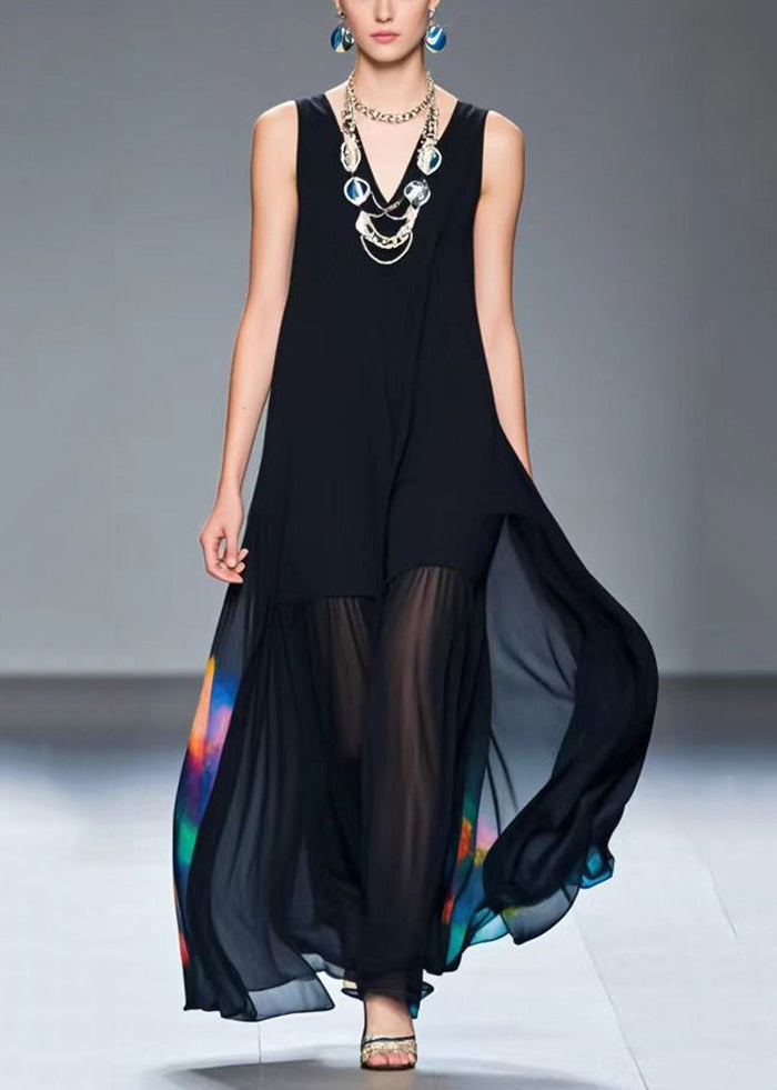 Art Black V Neck Tie Dye Chiffon a Line Dresses Summer