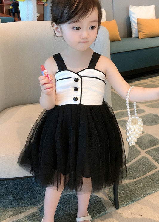 Art Black Wrinkled Patchwork Tulle Kids Dress Sleeveless