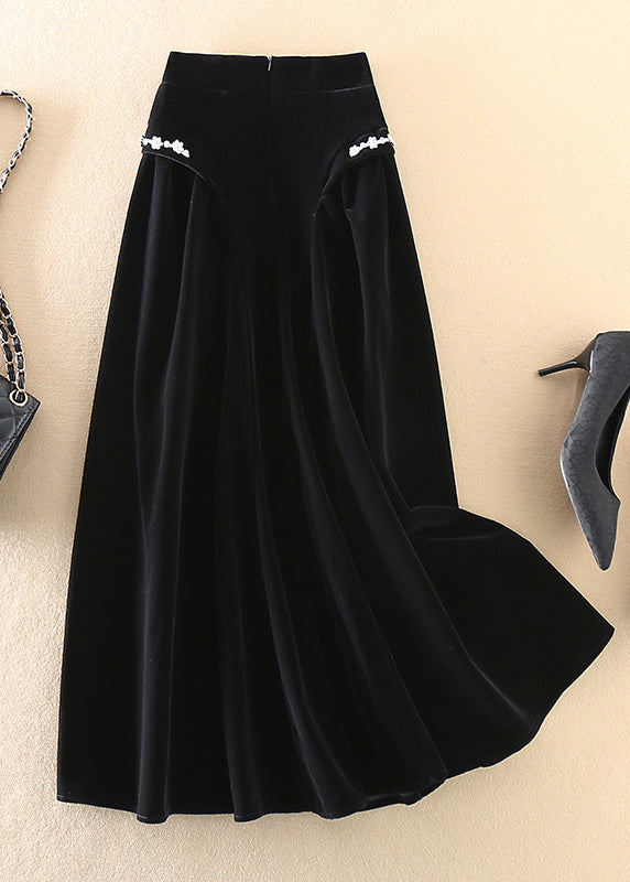 Art Black Zip Up Silk Velour a Line Skirts Spring