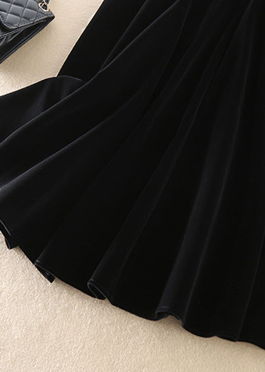 Art Black Zip Up Silk Velour a Line Skirts Spring