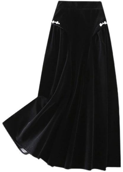 Art Black Zip Up Silk Velour a Line Skirts Spring