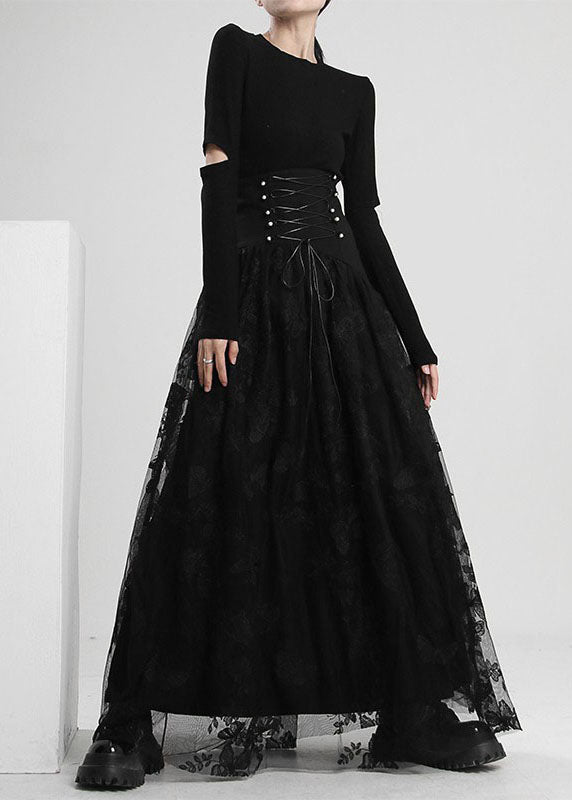 Art Black Tie Waist Butterfly Tulle Skirt Spring