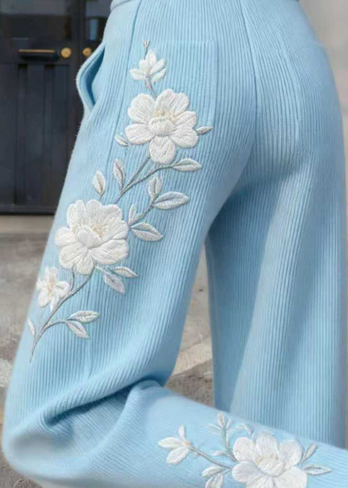 Art Blue Embroidered Knit Straight Pants Spring