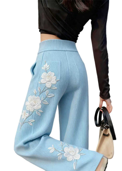 Art Blue Embroidered Knit Straight Pants Spring
