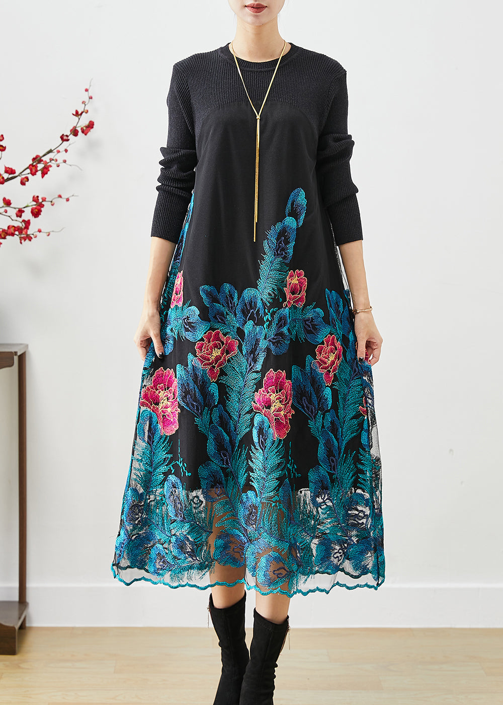 Art Blue Embroideried Knit Long Dress Fall