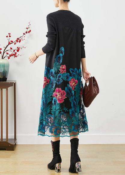Art Blue Embroideried Knit Long Dress Fall