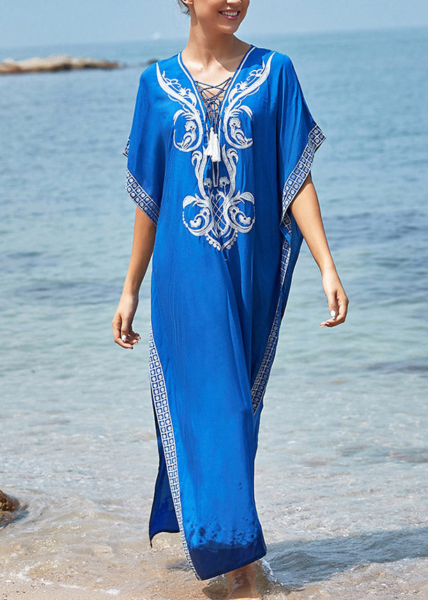 Art Blue Embroideried Side Open Maxi Holiday Dress Short Sleeve