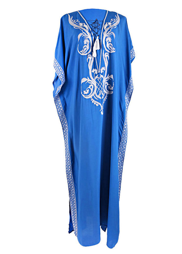 Art Blue Embroideried Side Open Maxi Holiday Dress Short Sleeve