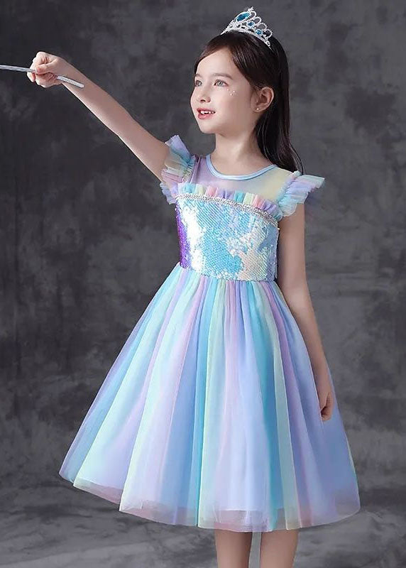 Art Blue Gradient Ruffled Sequins Patchwork Tulle Kids Dresses Summer