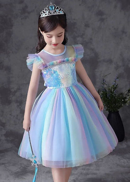 Art Blue Gradient Ruffled Sequins Patchwork Tulle Kids Dresses Summer