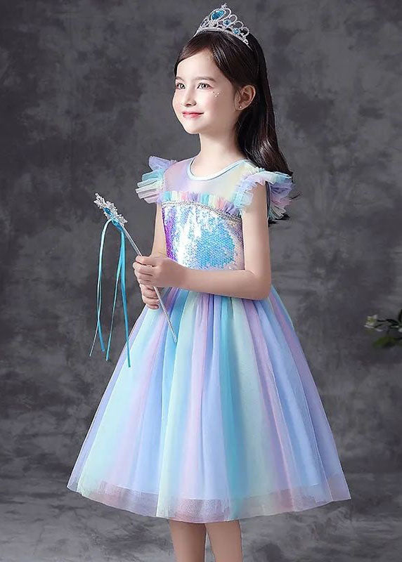 Art Blue Gradient Ruffled Sequins Patchwork Tulle Kids Dresses Summer