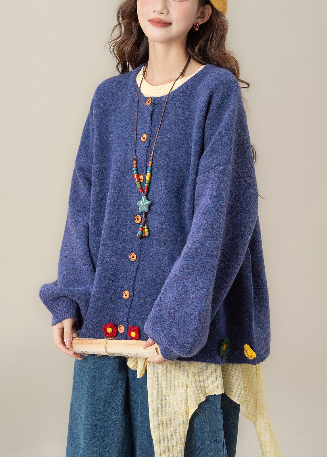 Art Blue O Neck Button Knit Coat Spring