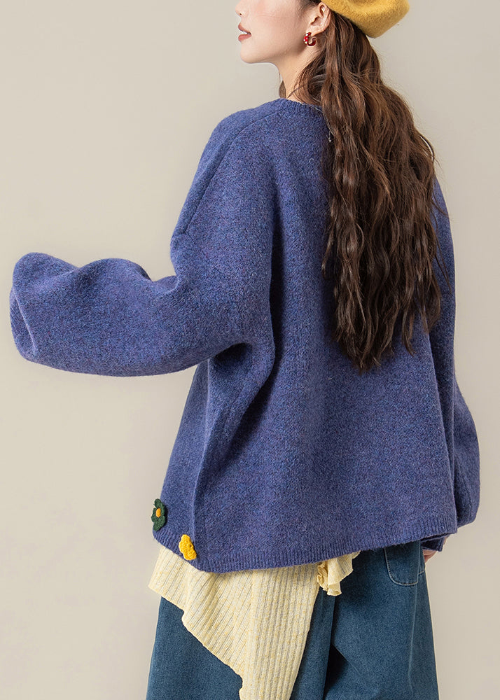 Art Blue O Neck Button Knit Coat Spring