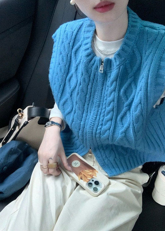 Art Blue O-neck Zippered Cozy Cable Knit Waistcoat Sleeveless