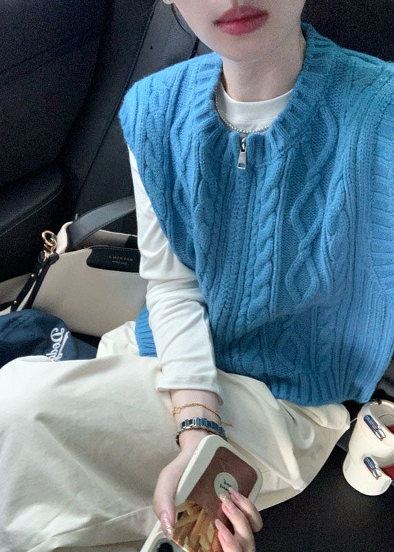 Art Blue O-neck Zippered Cozy Cable Knit Waistcoat Sleeveless