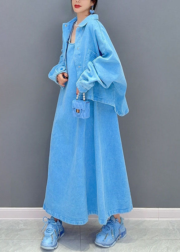 Art Blue Peter Pan Collar Patchwork Coat and Dress Denim Two Pieces Set Spring
