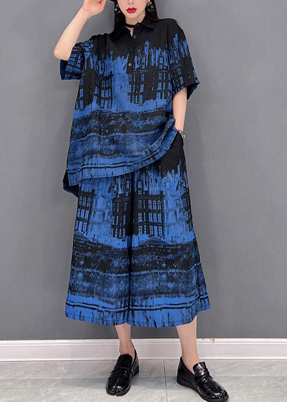 Art Blue Peter Pan Collar Top and Wide Leg Pants Two Piece Set Summer