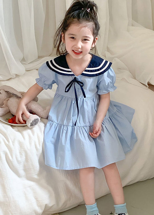 Art Blue Peter Pan Collar Wrinkled Patchwork Cotton Kids Dress Summer