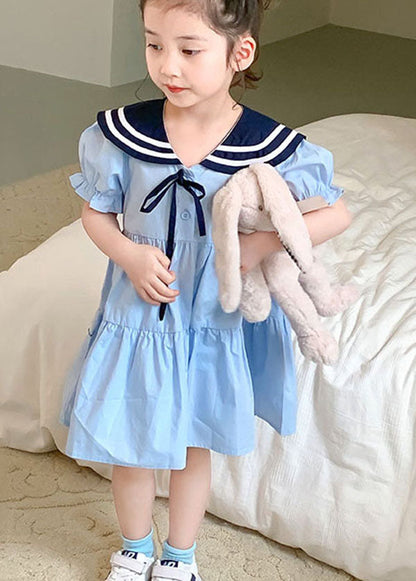 Art Blue Peter Pan Collar Wrinkled Patchwork Cotton Kids Dress Summer