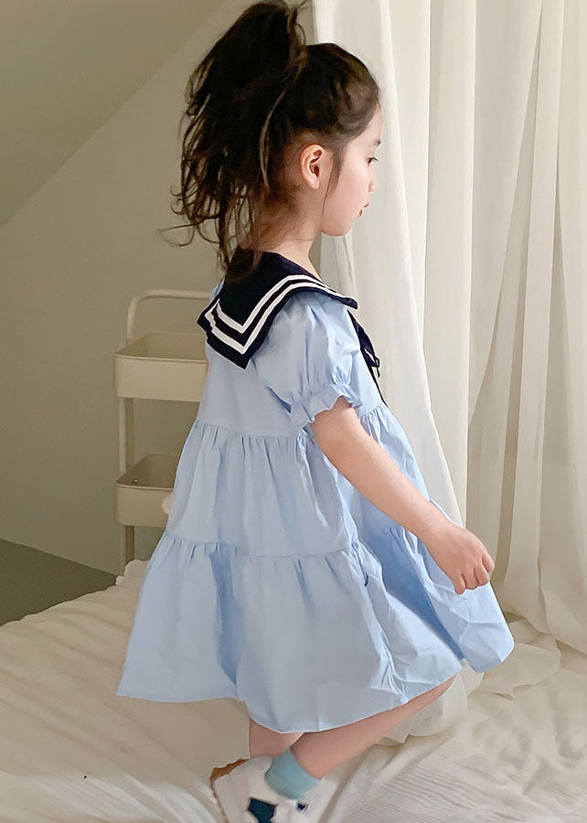 Art Blue Peter Pan Collar Wrinkled Patchwork Cotton Kids Dress Summer