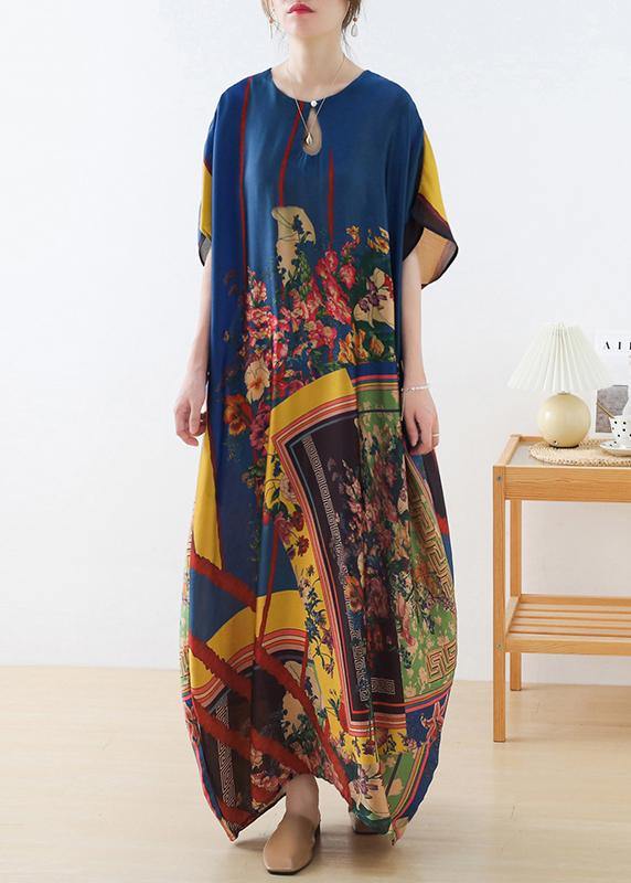 Art Blue Print Loose Asymmetrical Design Vacation Summer Chiffon Dress