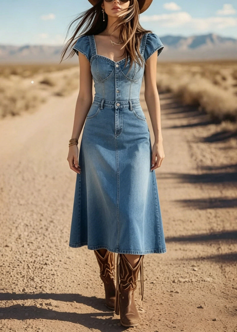 Art Blue Square Collar Patchwork Denim Dress Summer