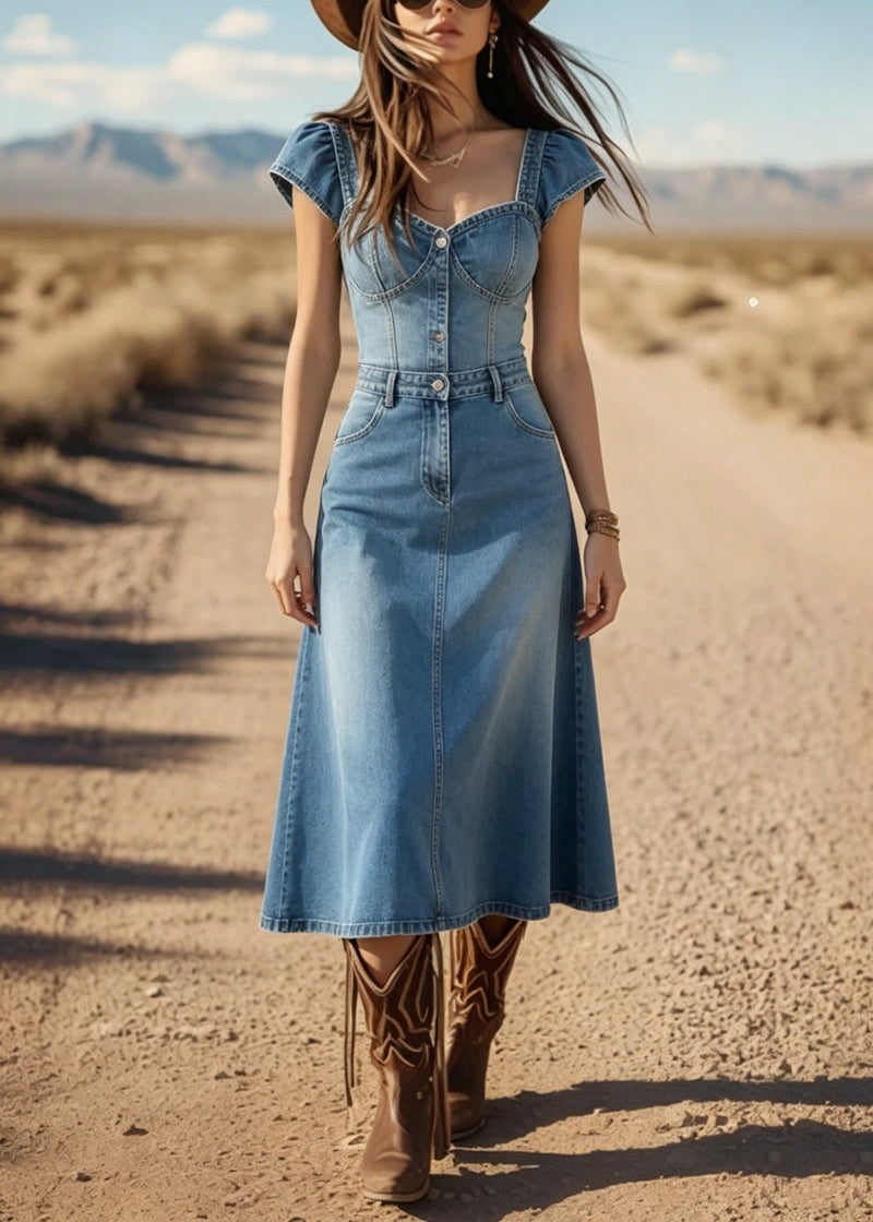 Art Blue Square Collar Patchwork Denim Dress Summer