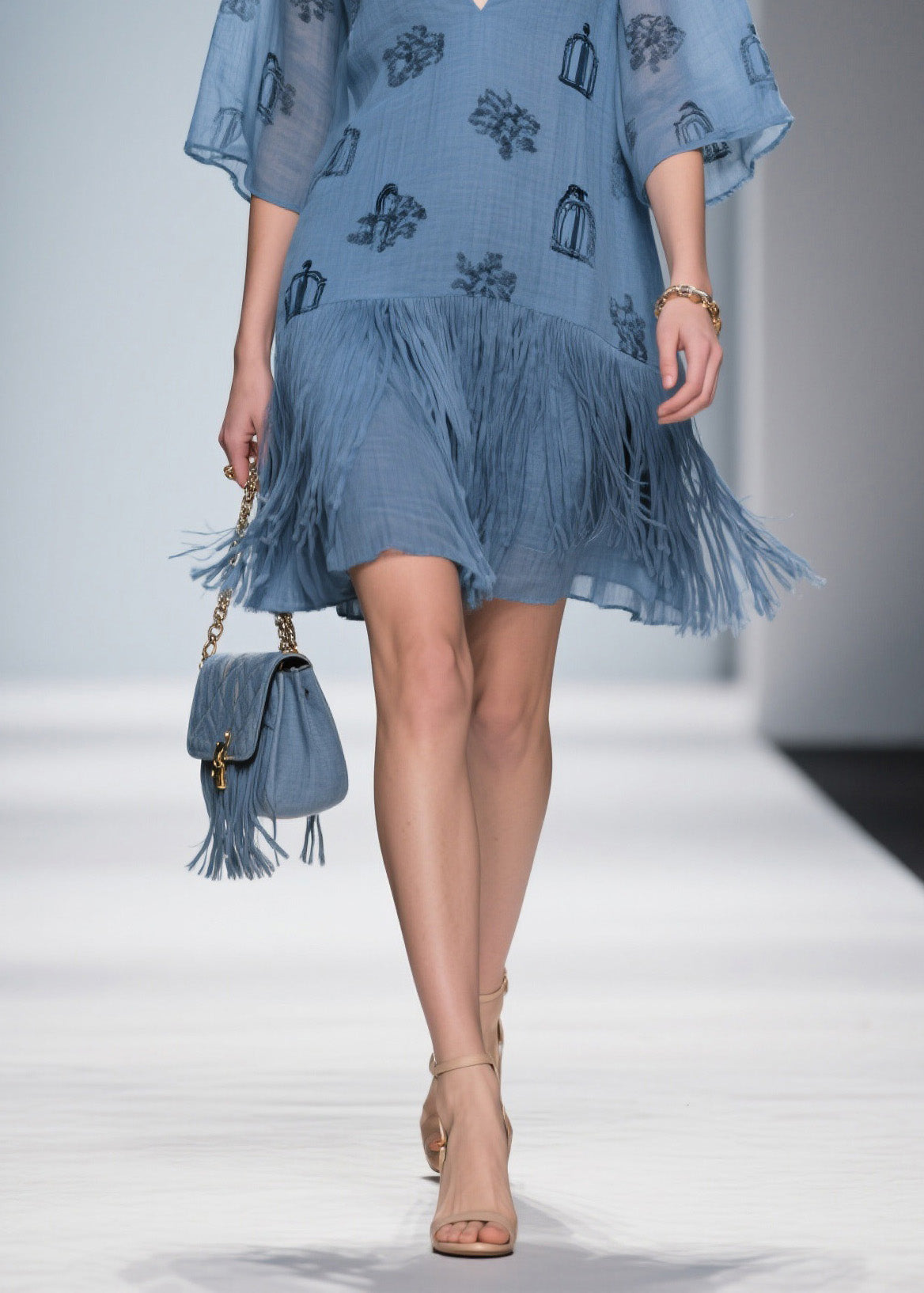Art Blue V Neck Print Tassel Cotton Mid Dress Summer