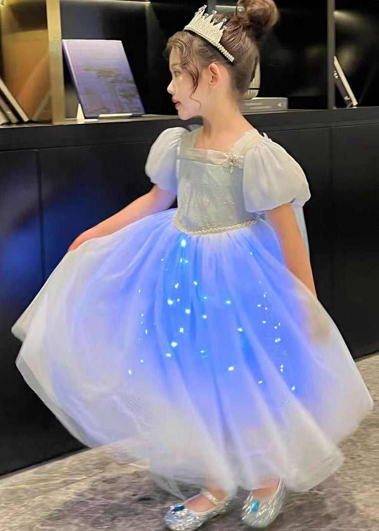 Art Blue Wrinkled Sequins Patchwork Tulle Kids Princess Dresses Summer