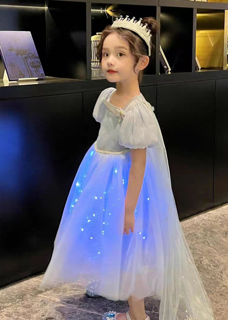 Art Blue Wrinkled Sequins Patchwork Tulle Kids Princess Dresses Summer