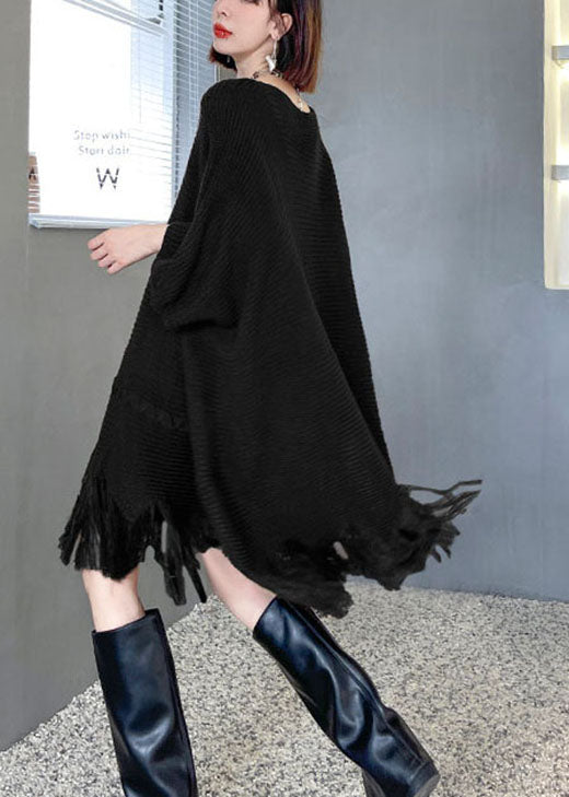 Art Chocolate Tasseled Asymmetrical Design Loose Fall Knit Dress