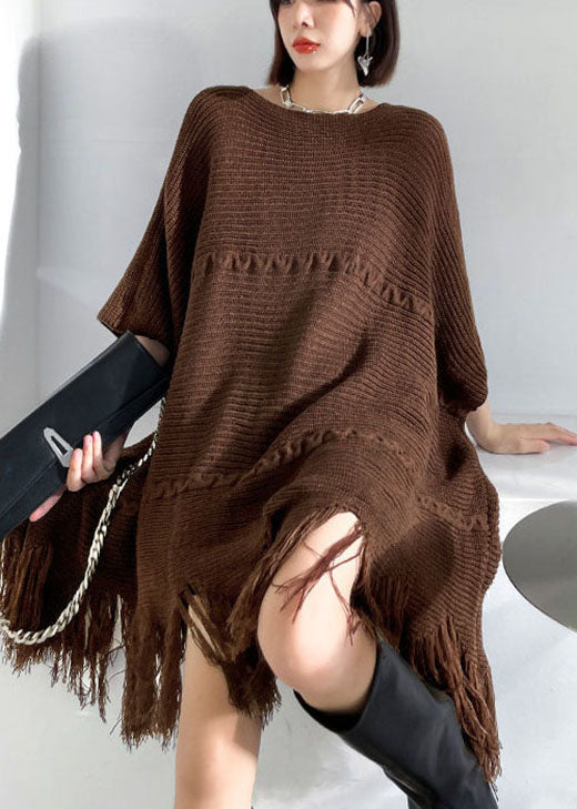Art Chocolate Tasseled Asymmetrical Design Loose Fall Knit Dress