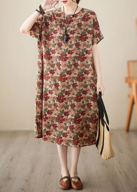 Art Coffee O-neck Print Cotton Dresses Short Sleeve