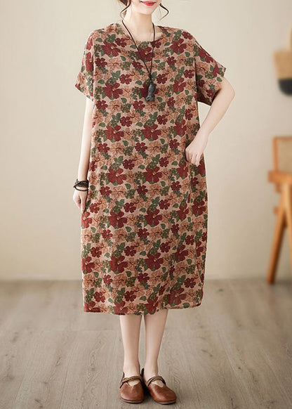 Art Coffee O-neck Print Cotton Dresses Short Sleeve