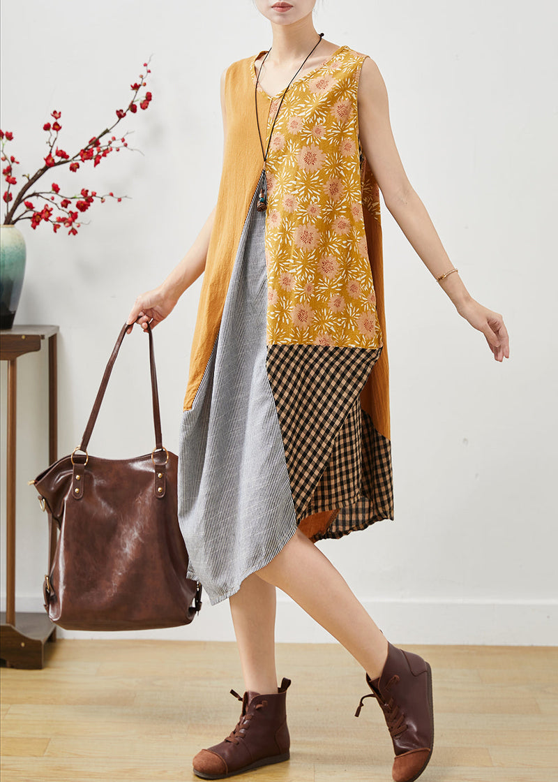 Art Colorblock Asymmetrical Patchwork Linen Dresses Sleeveless