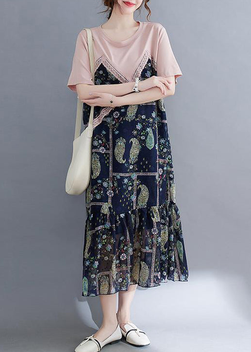 Art Colorblock O-neck Patchwork Ruffles Cotton Dresses Summer
