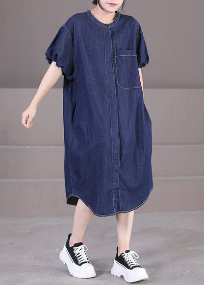 Art Denim Blue O-neck Patchwork Cotton Shirt Dresses Lantern Sleeve
