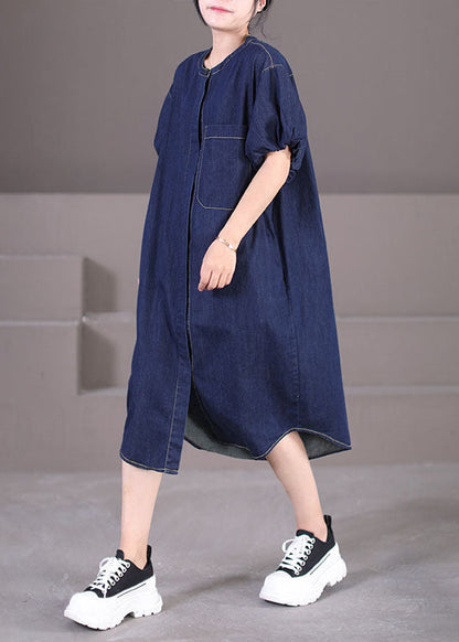 Art Denim Blue O-neck Patchwork Cotton Shirt Dresses Lantern Sleeve