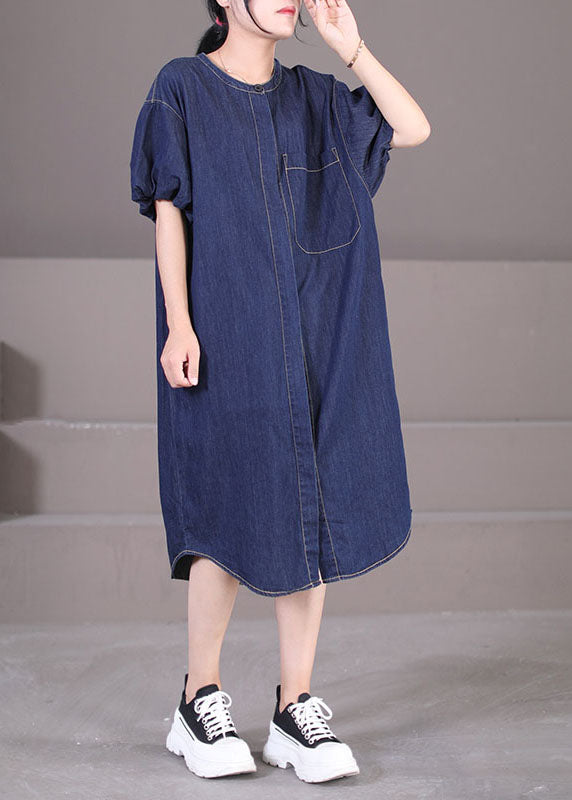 Art Denim Blue O-neck Patchwork Cotton Shirt Dresses Lantern Sleeve