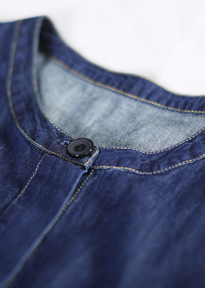 Art Denim Blue O-neck Patchwork Cotton Shirt Dresses Lantern Sleeve