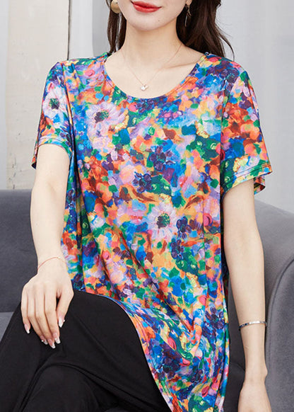 Art O Neck Patchwork Cotton T Shirt Top Short Sleeve