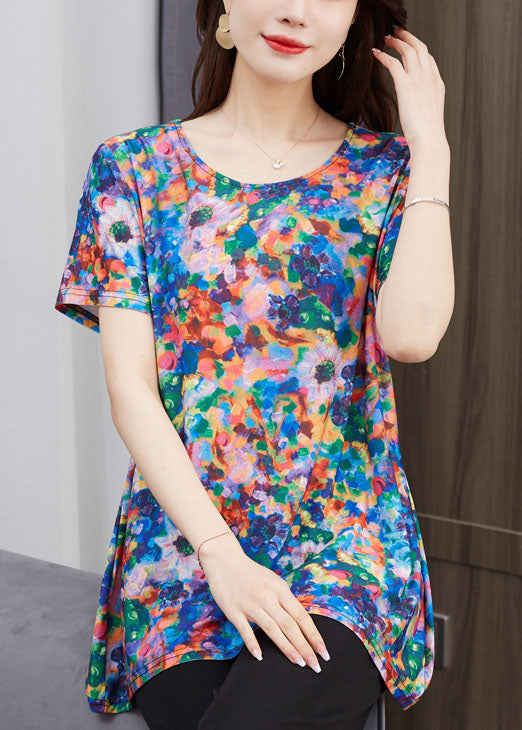 Art O Neck Patchwork Cotton T Shirt Top Short Sleeve