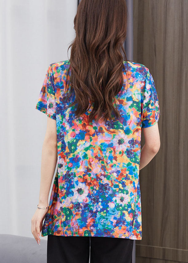 Art O Neck Patchwork Cotton T Shirt Top Short Sleeve