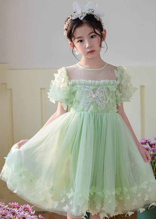 Art Grass Green Butterfly Hollow Out Tulle Kids Dress Summer