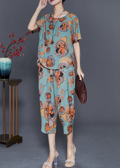 Art Green Butterfly Print Linen Two Piece Set Clothing Summer