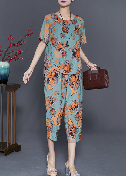 Art Green Butterfly Print Linen Two Piece Set Clothing Summer