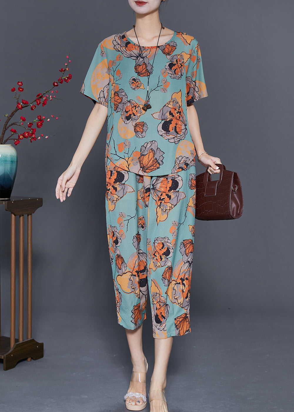 Art Green Butterfly Print Linen Two Piece Set Clothing Summer