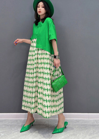Art Green O-neck Asymmetrical Patchwork Print Dresses Short Sleeve
