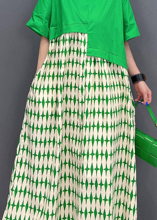 Art Green O-neck Asymmetrical Patchwork Print Dresses Short Sleeve
