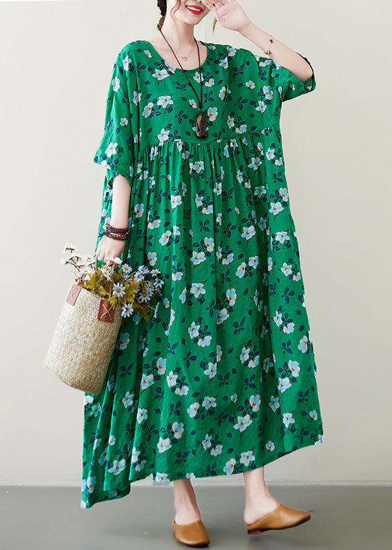 Art Green O-neck Patchwork Print Cotton Long Dresses Short Sleeve